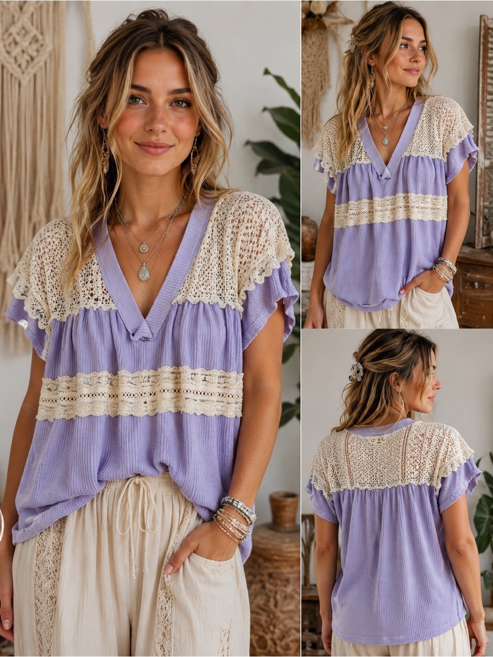 POL Boho cottagecore Crochet Lace Inset Waffle Prairie Fairycore Medium v-neck